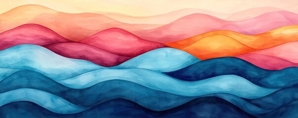 Poster - Digital watercolor painting abstract background idea. A vibrant abstract artwork displaying colorful waves in shades of blue, pink, and orange.