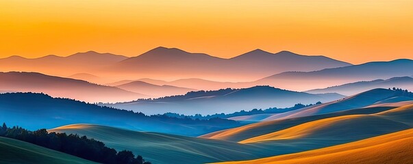 Poster - Abstract landscape background idea. Breathtaking sunset over rolling hills and majestic mountains in serene landscape.
