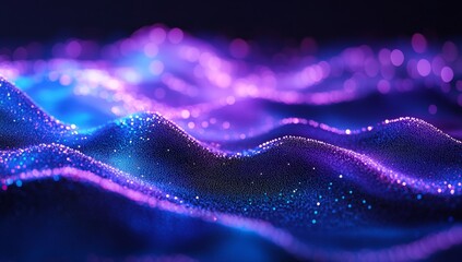 Wall Mural - abstract background with a blue and purple gradient, glowing dots on a wavy surface.