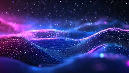 Wall Mural - abstract background with a blue and purple gradient, glowing dots on a wavy surface.