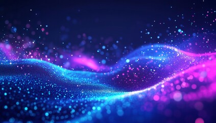 Wall Mural - abstract background with a blue and purple gradient, glowing dots on a wavy surface.