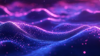 Wall Mural - abstract background with a blue and purple gradient, glowing dots on a wavy surface.