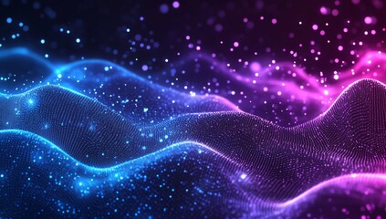Wall Mural - abstract background with a blue and purple gradient, glowing dots on a wavy surface.