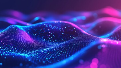 Wall Mural - abstract background with a blue and purple gradient, glowing dots on a wavy surface.