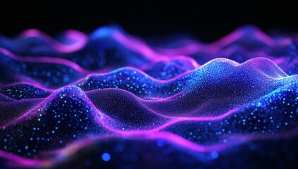 Wall Mural - abstract background with blue and purple glowing waves of dots, lines, or wavy shapes.
