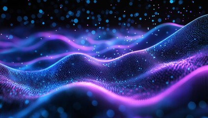 Wall Mural - abstract background with blue and purple glowing waves of dots, lines, or wavy shapes.