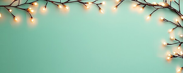 Poster - Minimalist graphic design abstract background concept. Bright string lights illuminate a serene teal background for a cozy atmosphere.