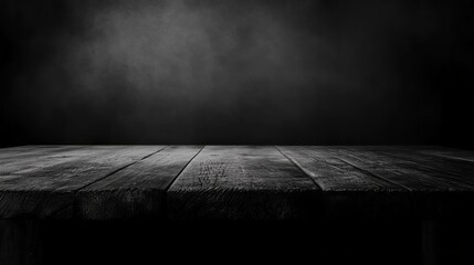 Poster - A rustic wooden table emerges from shadows, its textured surface catching soft light in a dimly lit space, offering a perfect backdrop for artistic presentations or displays