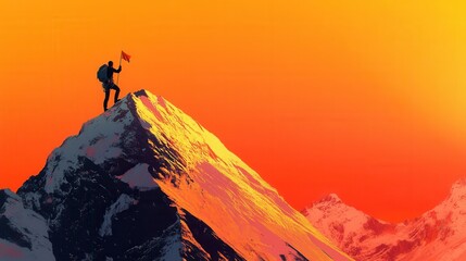Aufkleber - Climber conquering majestic mountain summit at sunset, holding flag in victory