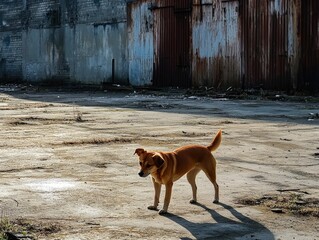 Poster - A brown dog stands on top of a dirt field, ready for adventure