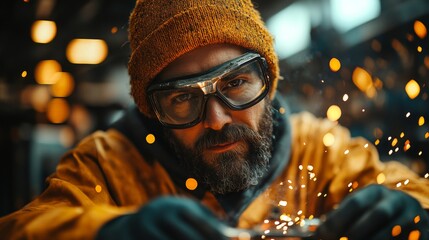 Poster - A skilled worker focuses intently on welding metal components in an industrial setting. Sparks fly as the welding torch creates strong bonds between steel and aluminum, showcasing craftsmanship.