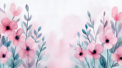 Poster - Digital watercolor painting abstract background idea. A beautiful watercolor illustration of pink flowers and green leaves on a soft background.
