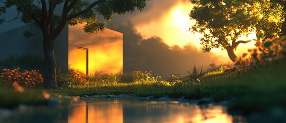 Poster - A single house standing alone in a green field