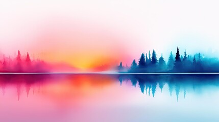 Aufkleber - Digital watercolor painting abstract background idea. A vibrant sunset over a calm lake with colorful reflections and serene silhouette of trees.