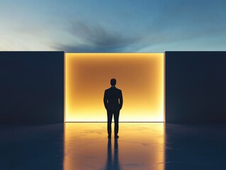 Poster - A person standing in front of a doorway with the door open, possible entrance or exit