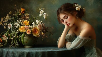 Poster - A woman sits in front of a beautiful vase filled with fresh flowers