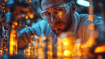 Aufkleber - A skilled technician closely examines complex machinery in a chemical processing plant. Bright amber lights illuminate the industrial setting, showcasing advanced technology and precision engineering.
