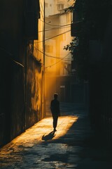 Poster - A person walking alone on a city street during sunset, with warm lighting and urban atmosphere
