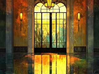 Poster - A colorful stained glass window inside a building