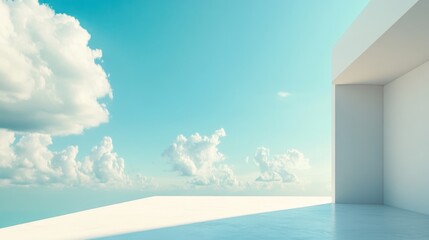 Poster - Coastal interior scene showing a minimalist room with large windows overlooking the ocean