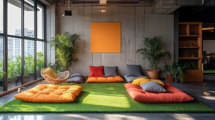 Poster - A bright lounge area features colorful cushions arranged on artificial grass, bathed in natural light. Lush indoor plants enhance the atmosphere, inviting creativity and relaxation