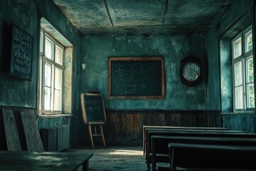 Poster - A simple classroom scene with a chalkboard and a single chair, perfect for educational or office settings
