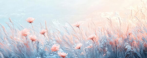 Poster - Abstract landscape background idea. A serene landscape featuring delicate flowers swaying in a gentle breeze at dusk.