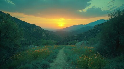 Poster - Abstract landscape background idea. Serene sunset over a peaceful valley, showcasing vibrant colors and natural beauty.