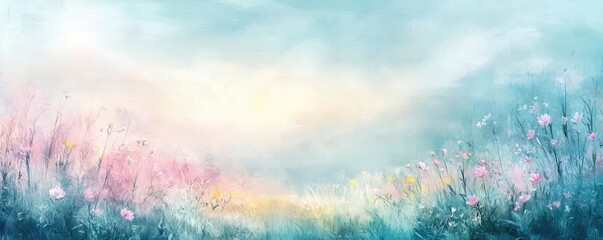 Poster - Abstract landscape background idea. A beautiful pastel landscape featuring blooming flowers and soft clouds in the sky.