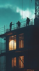Poster - Group of laborers working on a high-rise structure, possible site visit or inspection