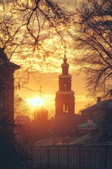 Poster - A clock tower with beautiful sunset background