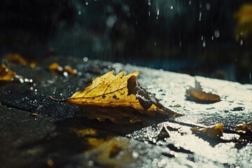 Poster - A lone leaf lays flat on the wet ground after falling from its tree during a rainy day, with water droplets glistening on its surface