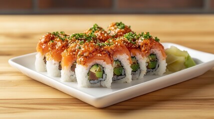 Aufkleber - Beautifully arranged sushi plate featuring spicy tuna and assorted rolls on a wooden table, inviting a delightful dining experience