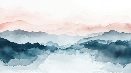 Poster - Digital watercolor painting abstract background idea. A serene watercolor landscape showcasing misty mountains and a peaceful river.