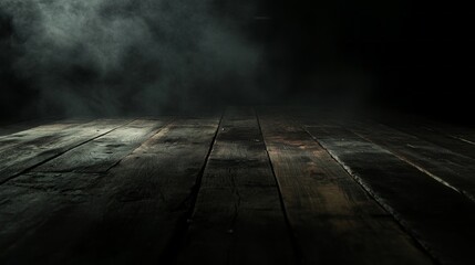Aufkleber - Soft light filters through billowing mist that envelops the aged wooden floor, creating an atmosphere filled with intrigue and depth as shadows twist and turn in the darkness