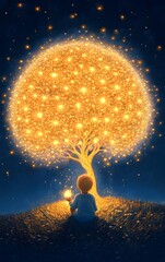 Wall Mural - a child planting a single seed, and a giant glowing tree of creativity bursts forth