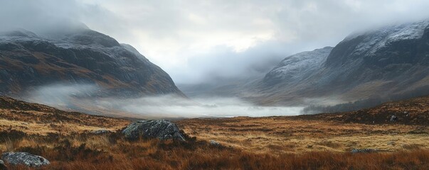 Poster - Abstract landscape background idea. A breathtaking valley surrounded by mountains shrouded in mist and clouds.