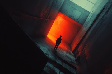 Poster - A person stands in a darkened space lit by a single red light, ideal for use in scenes about mystery, suspense or intimacy