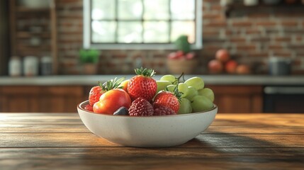 Aufkleber - Fresh fruit bowl arranged on wooden table in rustic kitchen with brick walls and natural light