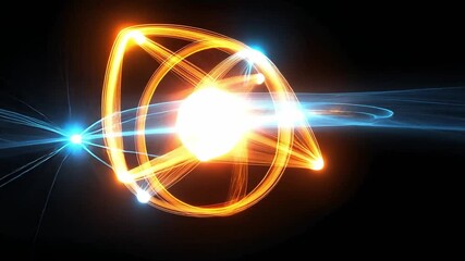 Poster - Glowing Abstract Design Bright Central Orb Surrounded by Dynamic Light Trails, Symbolizing Colorful Energy and Motion in Science and Technology.