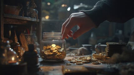 Poster - A person puts coins into a jar on a table, a simple act of saving and budgeting