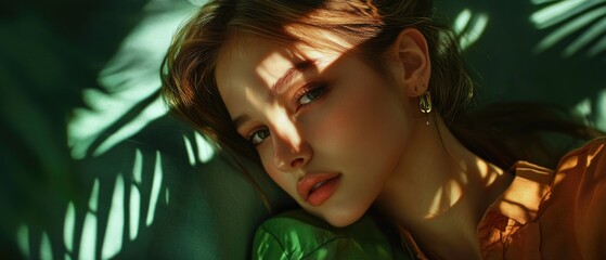 Poster - A young woman is resting on a bed with a comfortable look