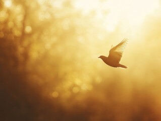 Poster - A bird soars through the air in front of tall trees, with branches stretching out to frame its path