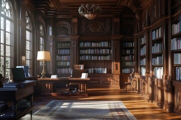 Poster - Cozy space filled with books and lit by a warm lamp