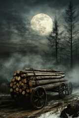 Poster - A wooden wagon loaded with logs travels down a snow-covered road