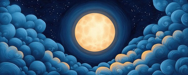 Poster - Ink illustration abstract background concept. A beautiful moon shining through soft clouds in the night sky, creating a serene atmosphere.