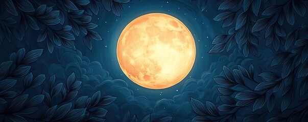 Aufkleber - Ink illustration abstract background concept. A stunning full moon illuminating a tranquil night sky filled with leaves.