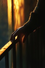 Poster - A person's hand resting on a railing in front of a window, possibly looking outside