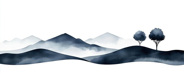Poster - Ink illustration abstract background concept. Serene watercolor landscape featuring misty mountains and subtle, tranquil trees.