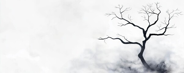 Poster - Ink illustration abstract background concept. A solitary black tree stands against an ethereal foggy background.